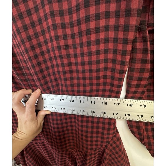 VICI Plaid Peplum Dress Red Black Check Small Sheer Balloon Sleeve Tie Front - Picture 10 of 11